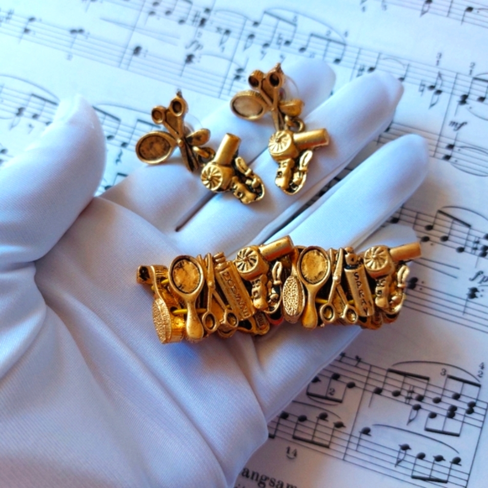 Vintage Set Bracelet and Earrings Golden Tone HairDresser Hair dryer BG Tofa 90'